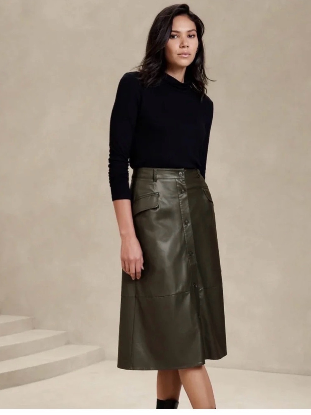 New with tags Banana Republic Olive Vegan Leather A-Line Midi Skirt